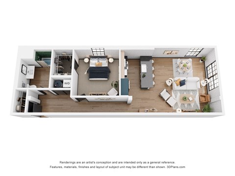 Floor plan for 1 bed, 1 bath, 735 sqft